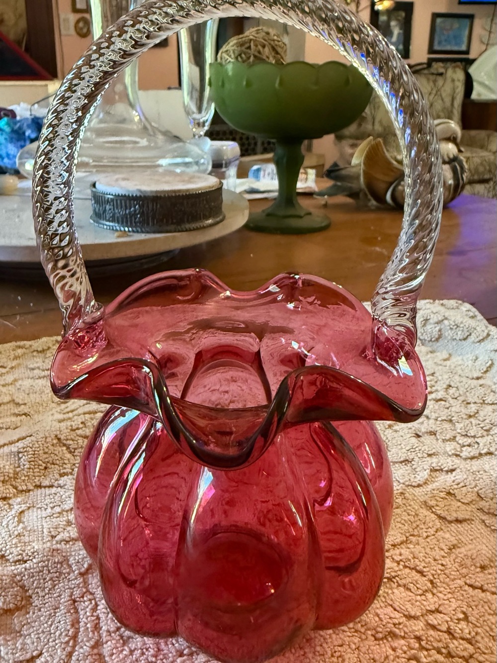Fenton Pink Glass Basket with Clear Twisted Handle